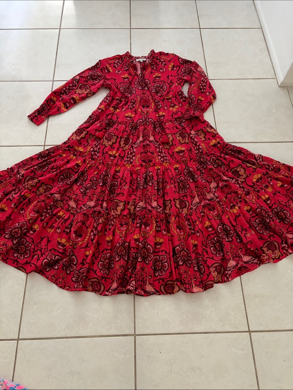 Cara Cara Red Floral Tiered Long Sleeve Maxi Dress 100%cotton